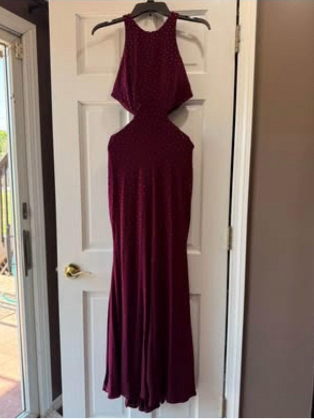 Jovani Plum Cutout Halter Prom Gown